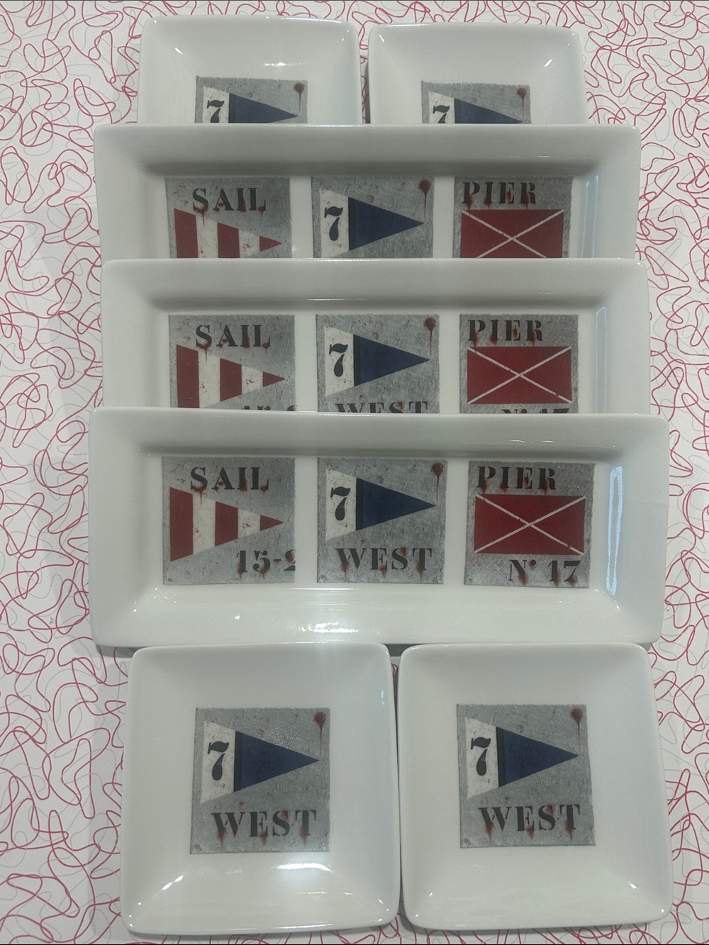 White Nautical Plate Serving Set  “Boat Flags” Ascentielle by B.Miklenda